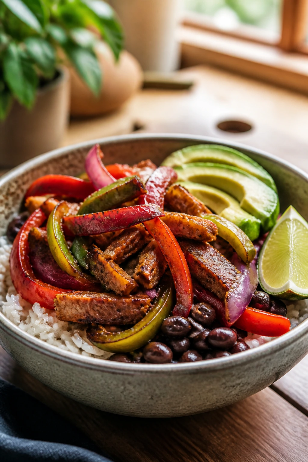 Seitan fajita bowl with peppers, onions, beans over rice