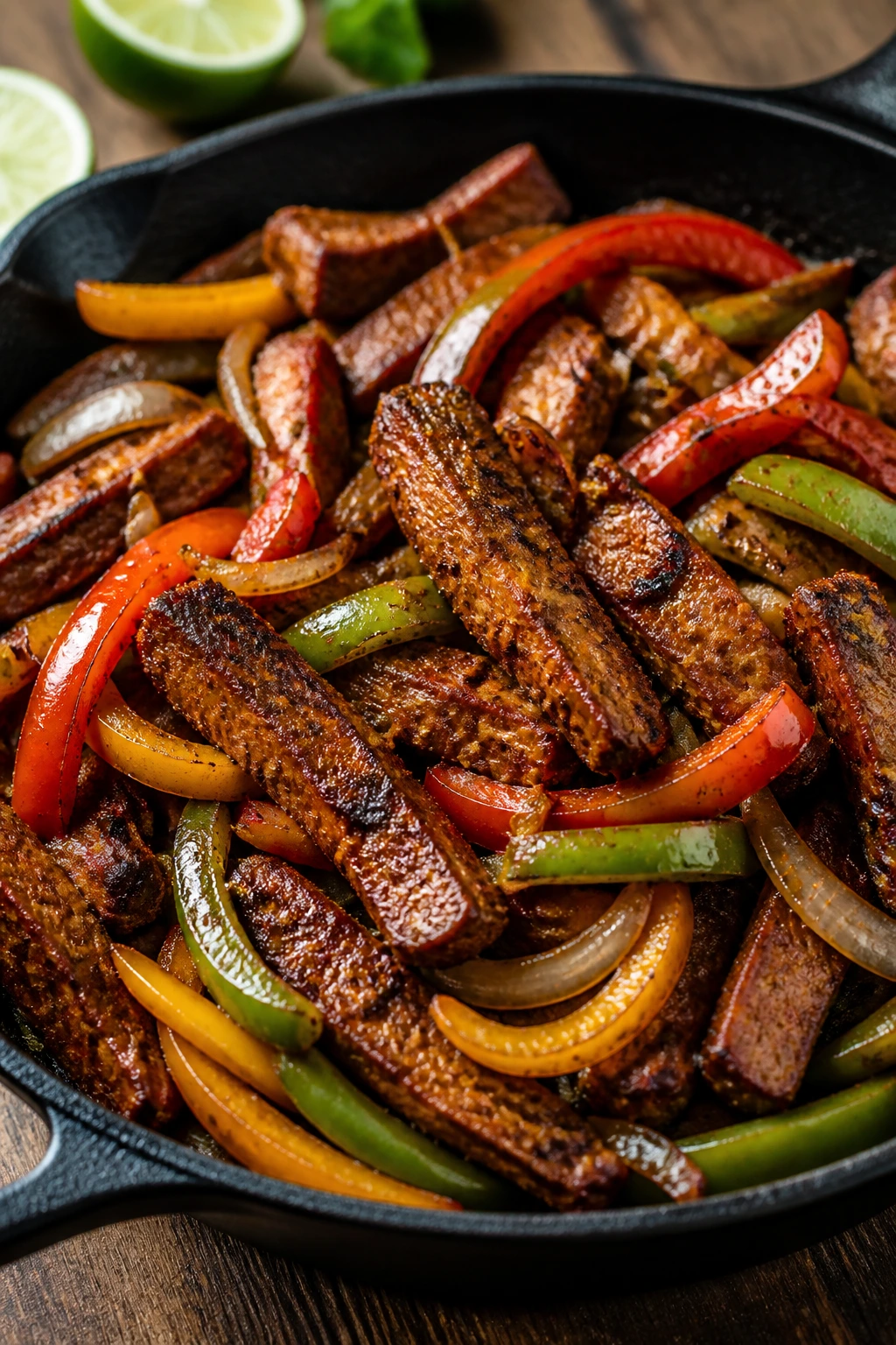 Seared seitan with peppers and onions in a skillet