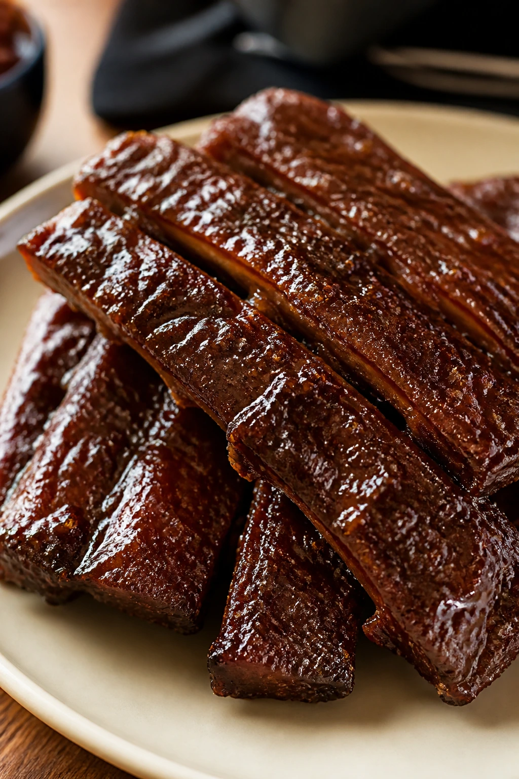 Close-up of glossy seitan ribs with hickory-style glaze on a plate