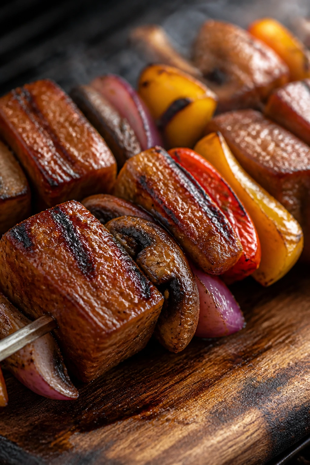 Close-up of seitan skewers with mushrooms and peppers on a grill