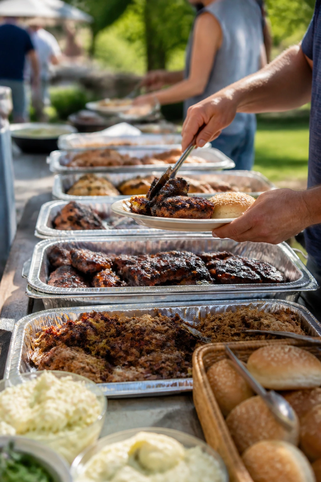 Self-serve outdoor food setup with trays and buns