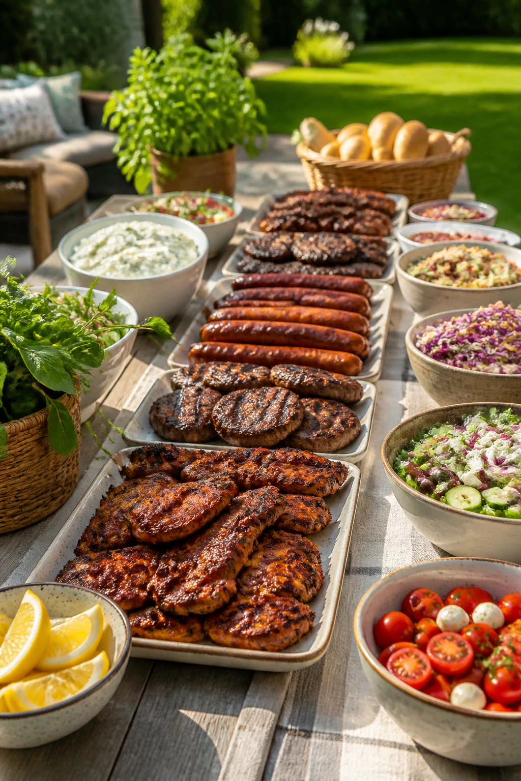 Close-up of a sunlit outdoor self-serve table with a neat line of hot grilled meats
