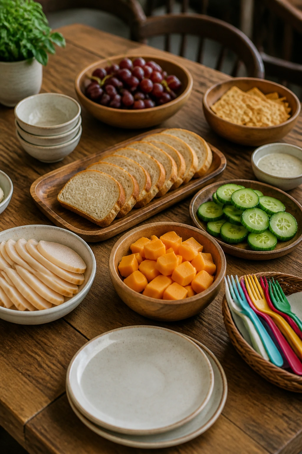 Close-up of a self-serve family lunch table with kid-friendly foods arranged for easy reach