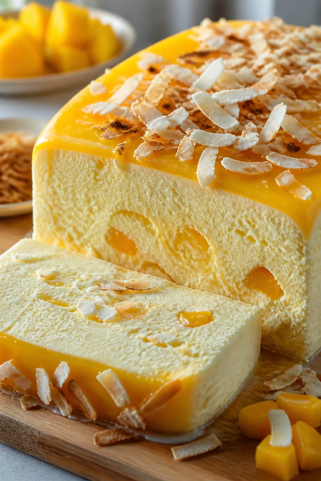 Close-up of Coconut Mango Semifreddo slice with toasted coconut on wooden board