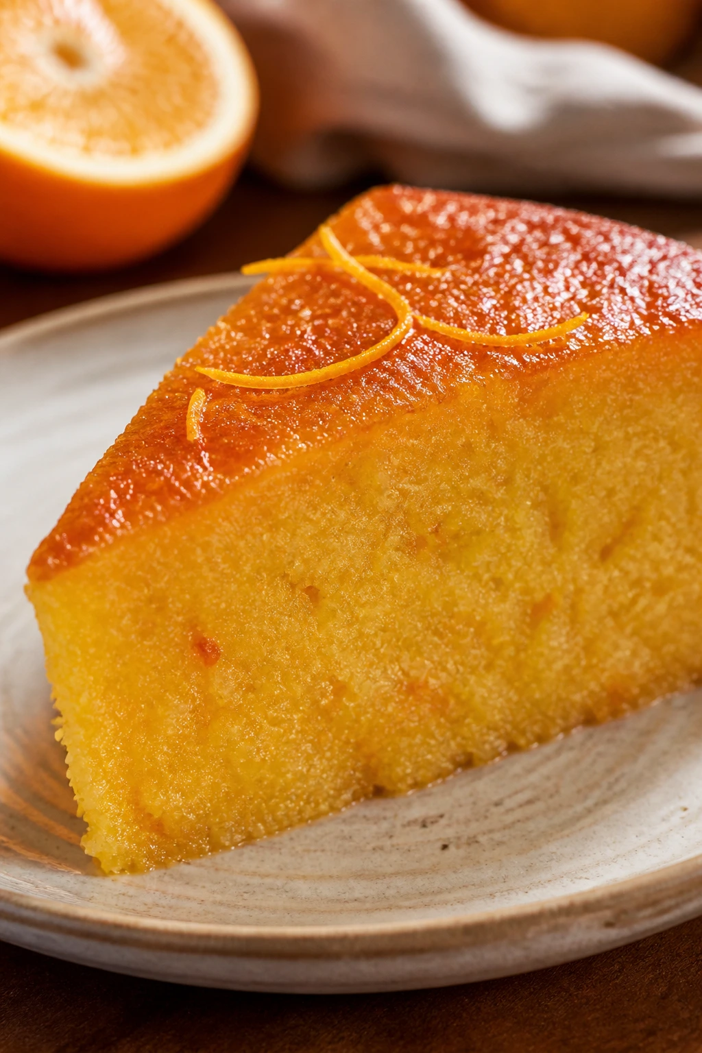 Close-up of semolina orange cake slice with orange glaze