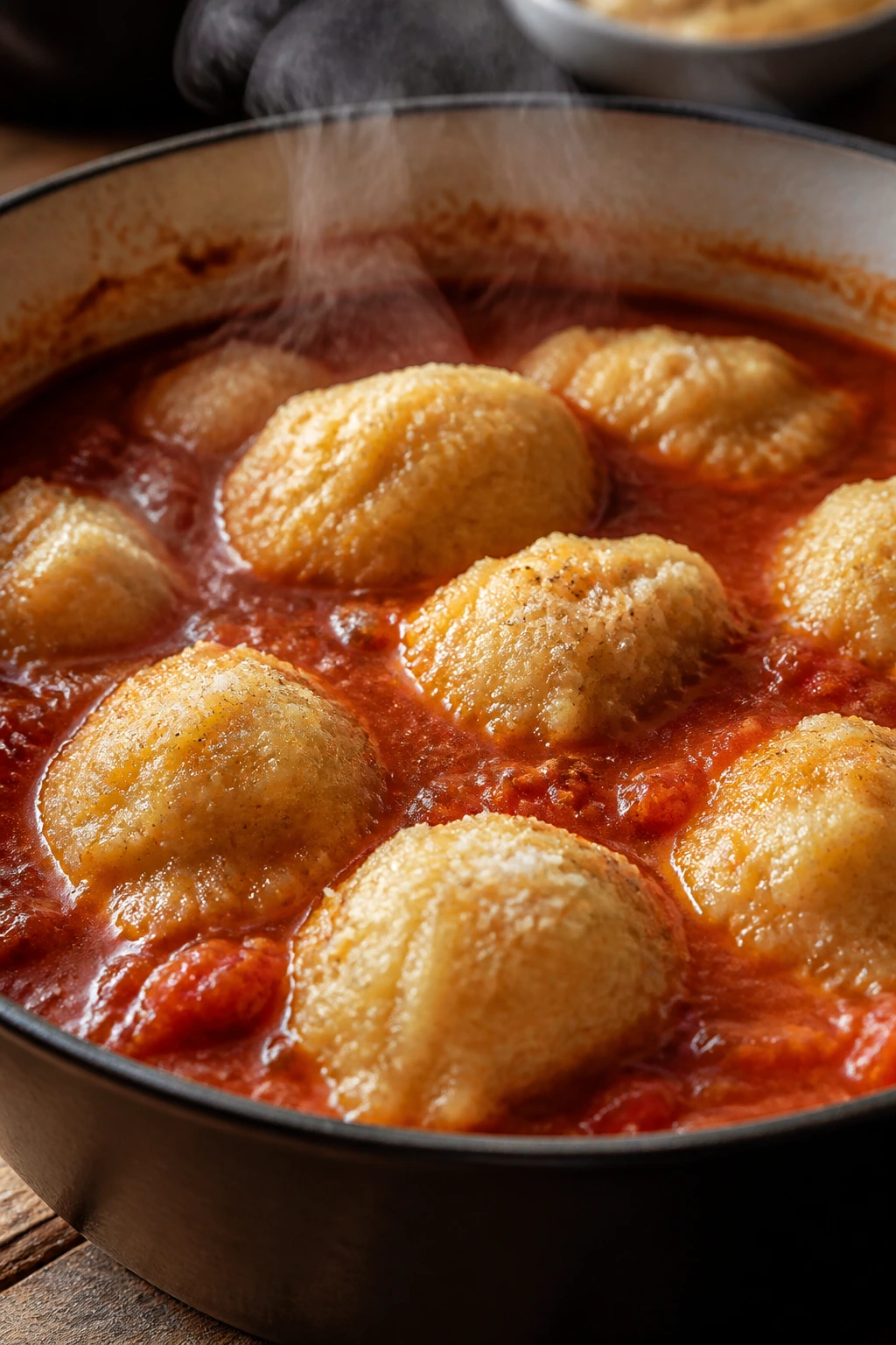 Semolina parmesan dumplings in tomato broth