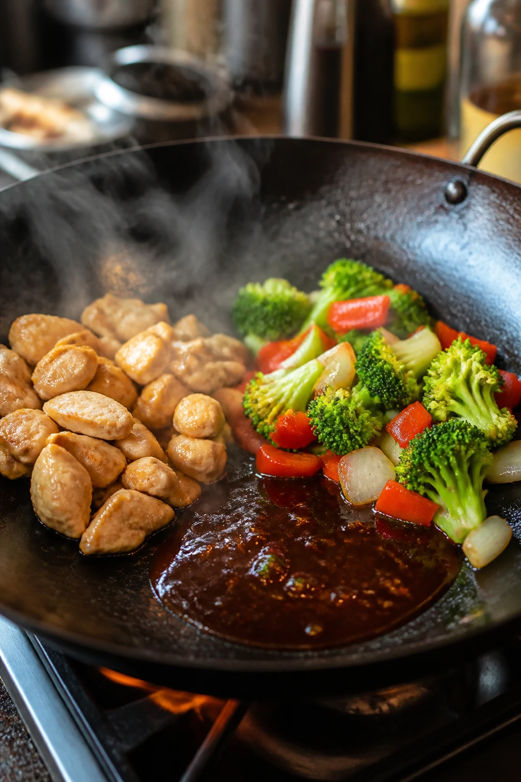 Two separate clusters of chicken and vegetables in a wok with glossy sauce