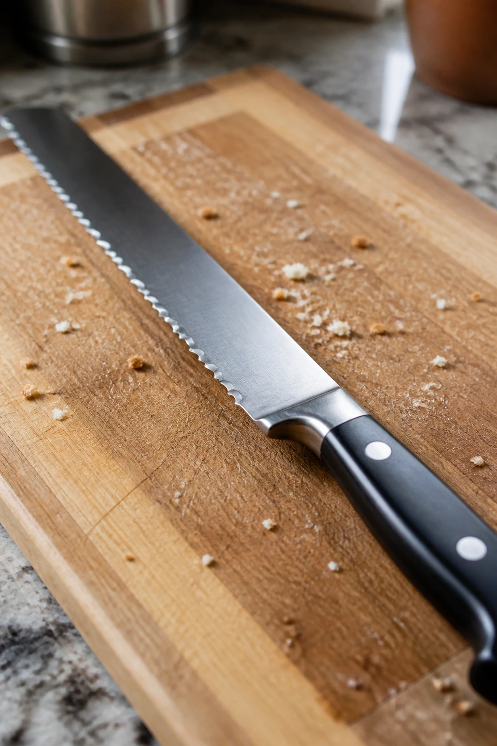 Serrated bread knife on cutting board with bread crumbs