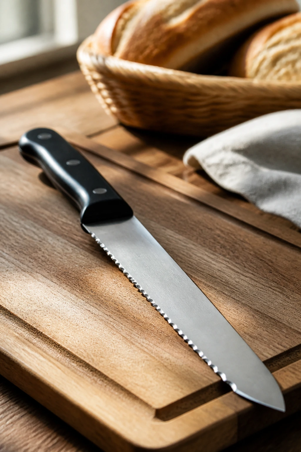 Serrated knife on a cutting board in a kitchen