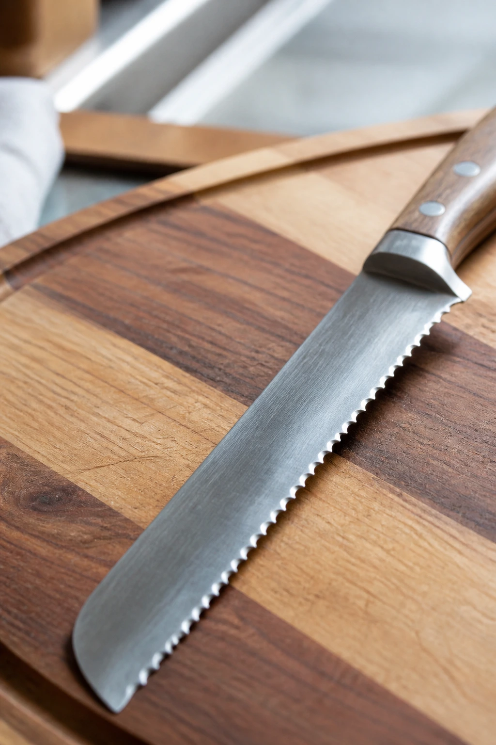 Serrated bread knife on a cutting board in a bright kitchen