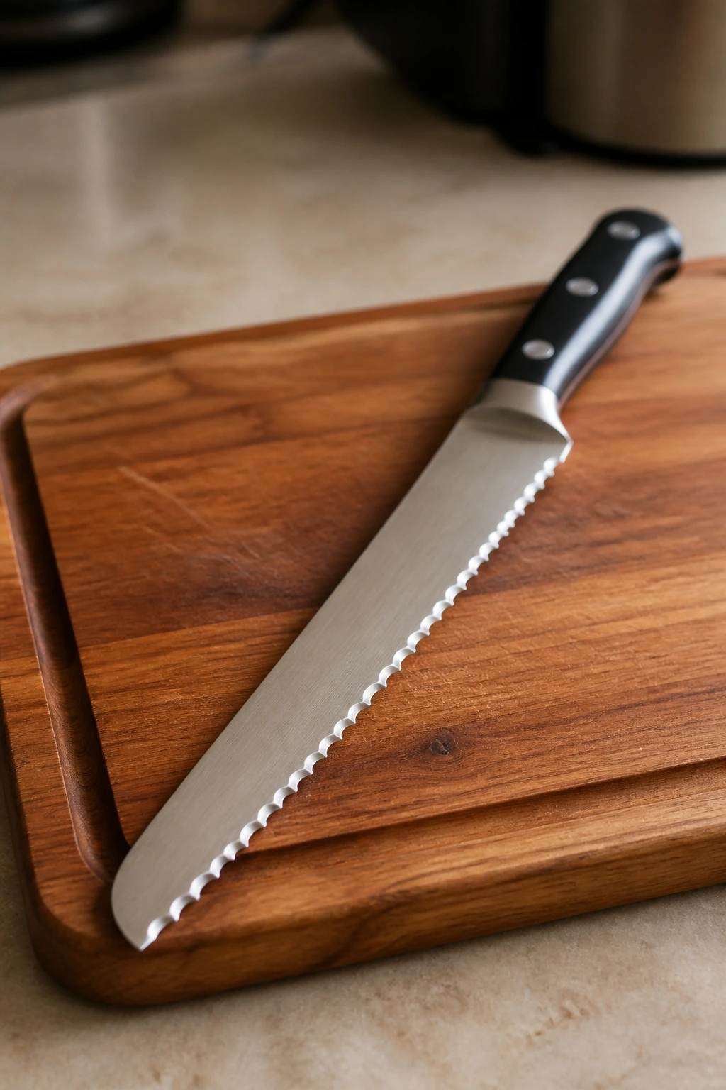 Close-up of a serrated knife on a wooden cutting board.