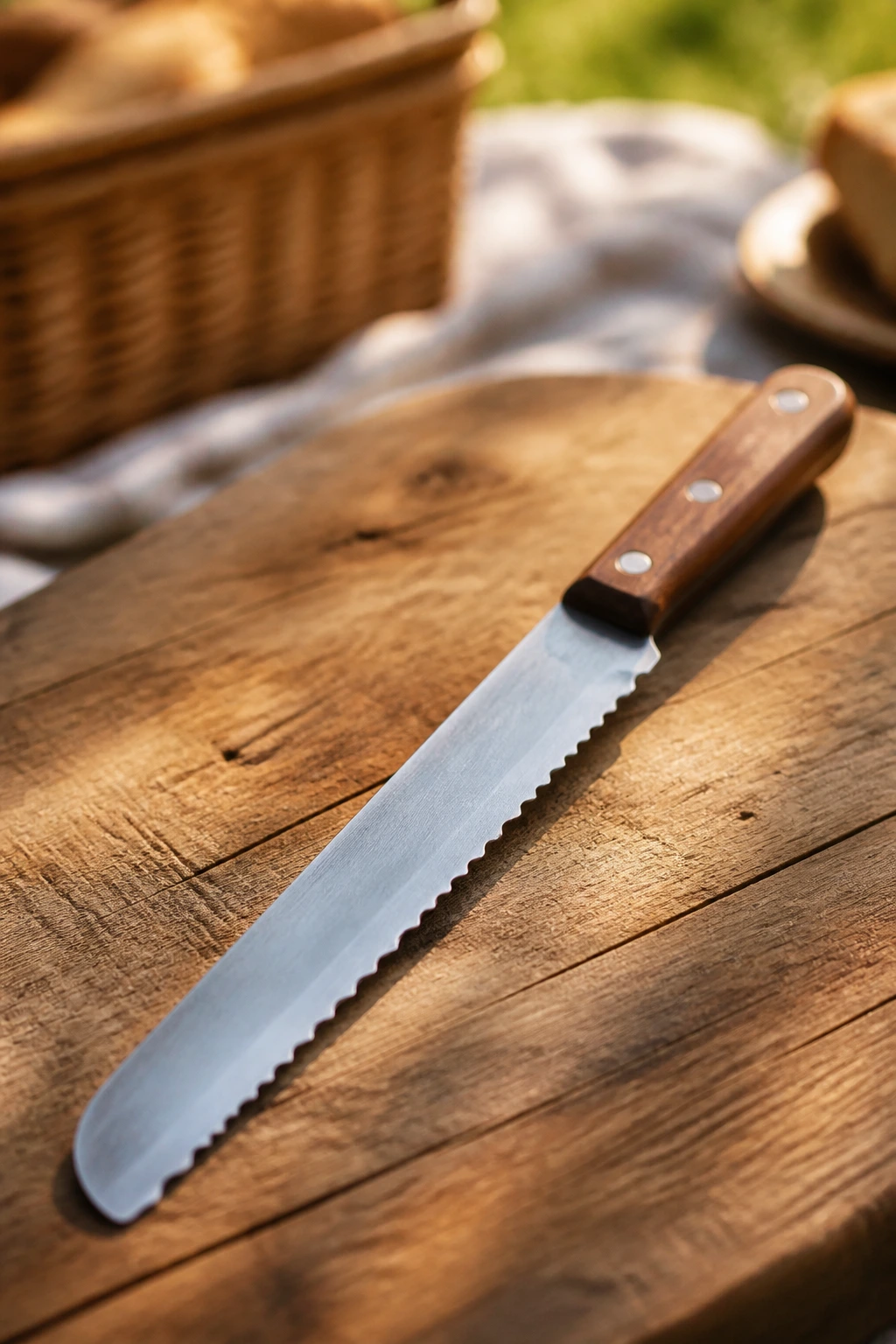 Close-up of a serrated bread knife on wood, implying essential picnic sandwich equipment