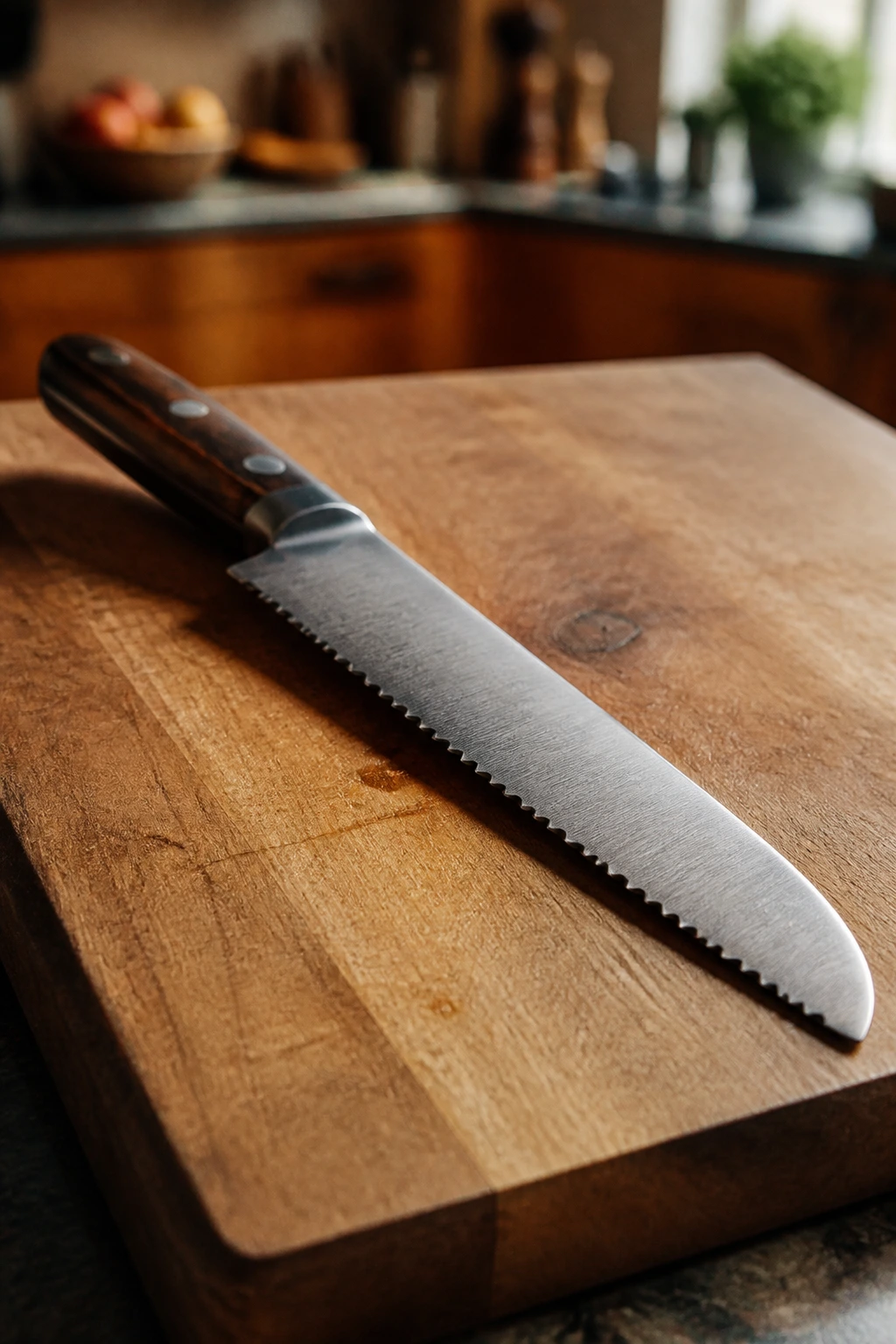 Serrated bread knife on cutting board ready for sub assembly