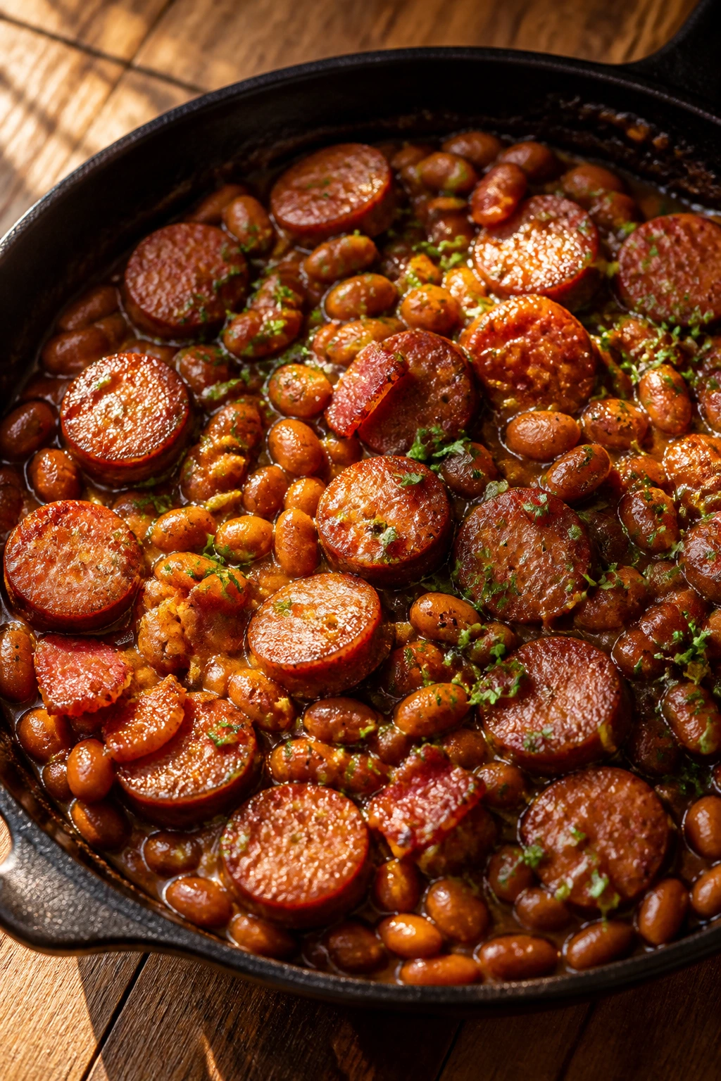 Skillet of sweet-savory bean skillet ready to serve with parsley