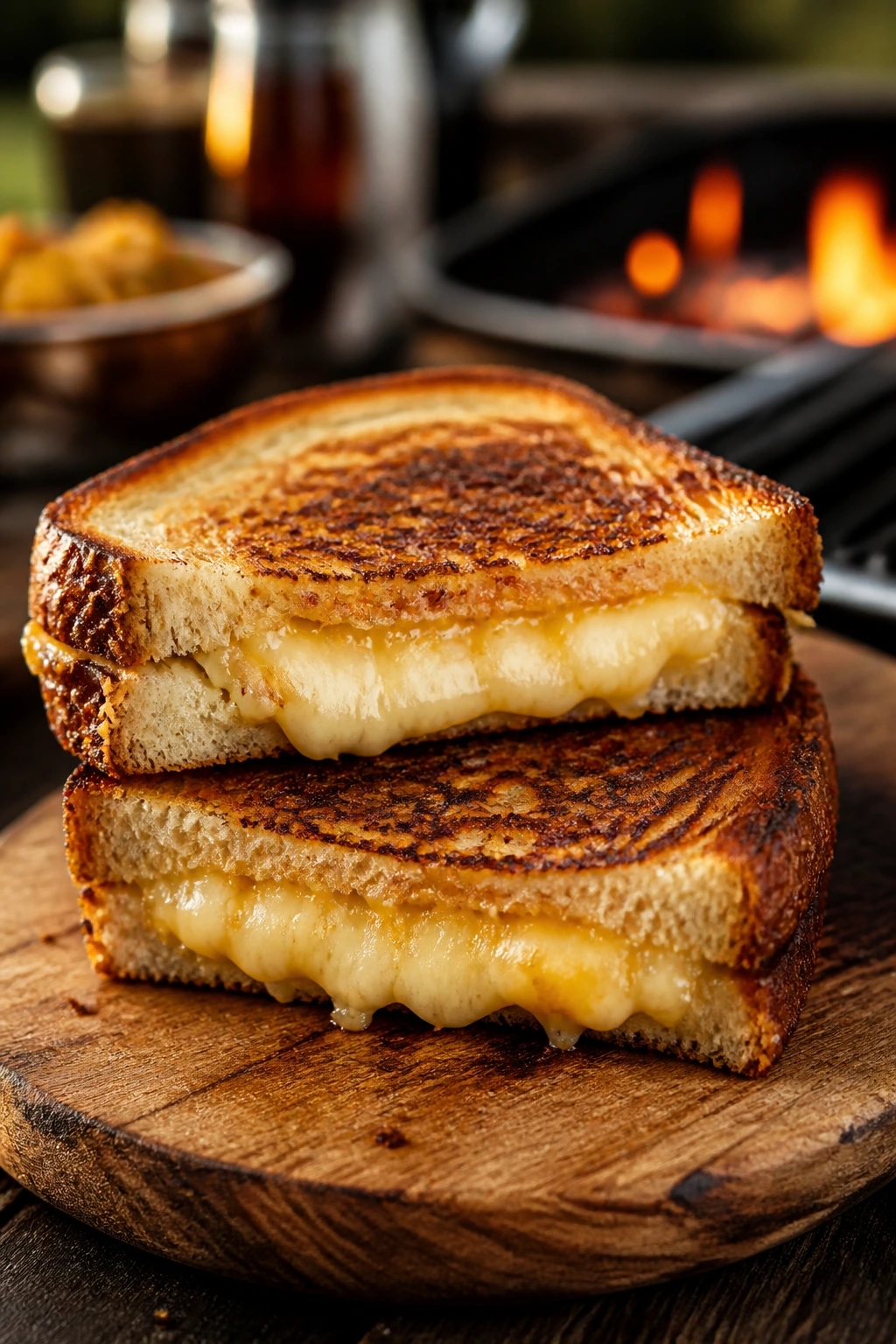 Diagonally cut grilled cheese halves on a wooden board ready to serve