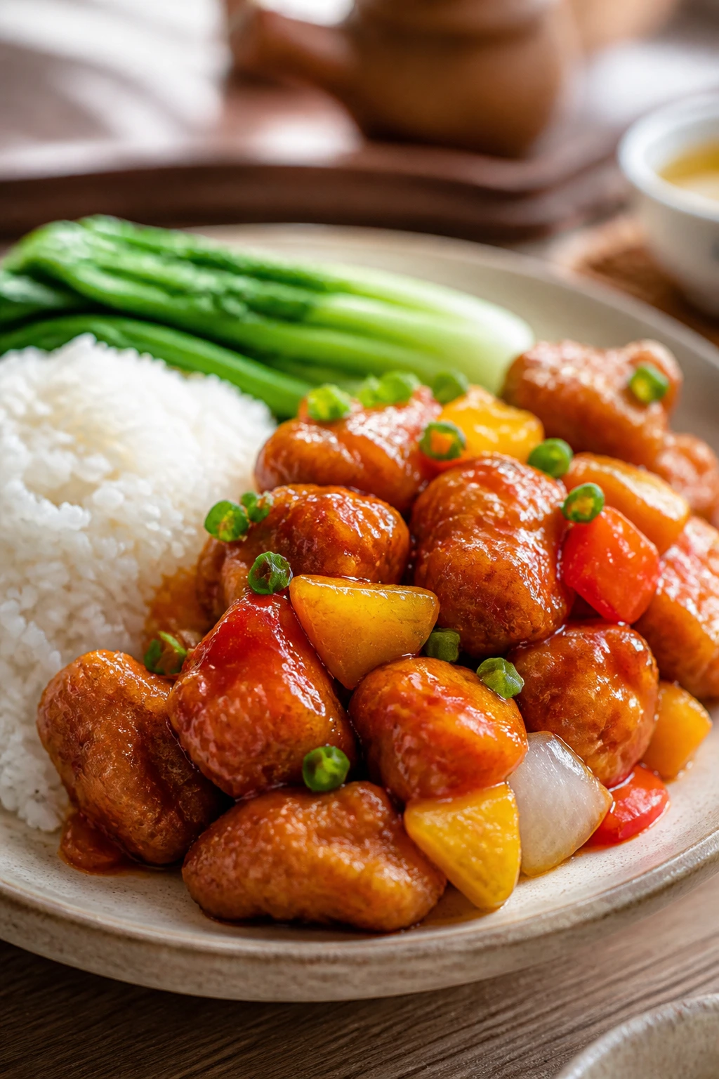Plated jasmine rice with bright-crisp chicken and vegetables