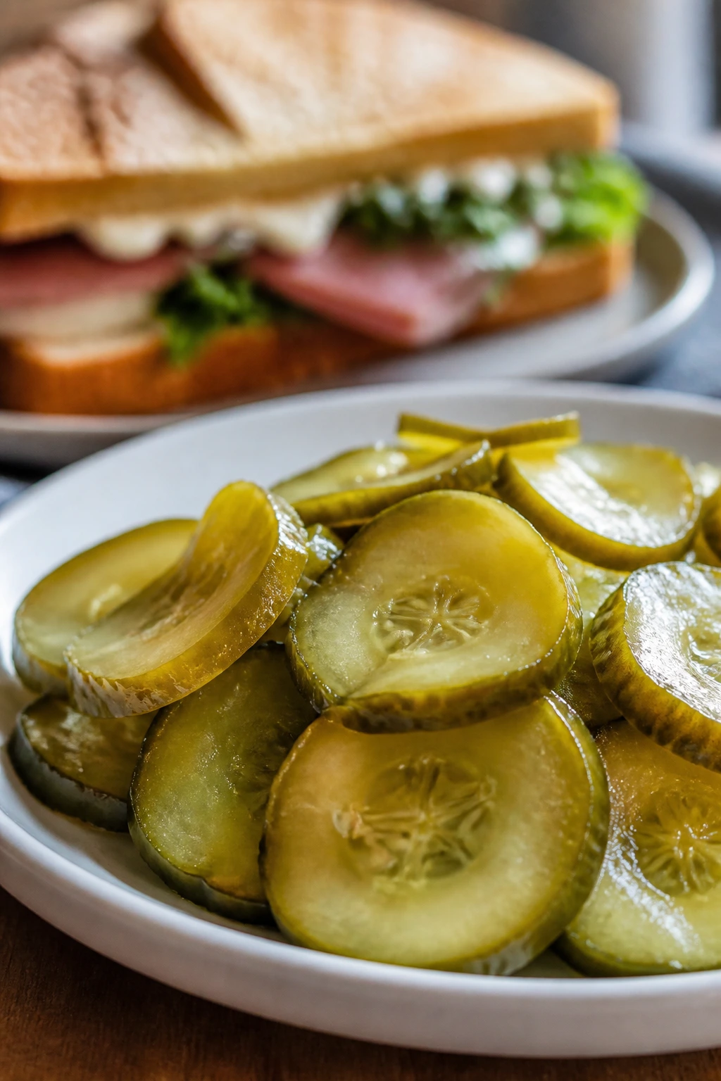 Pickle slices served on a plate beside a sandwich