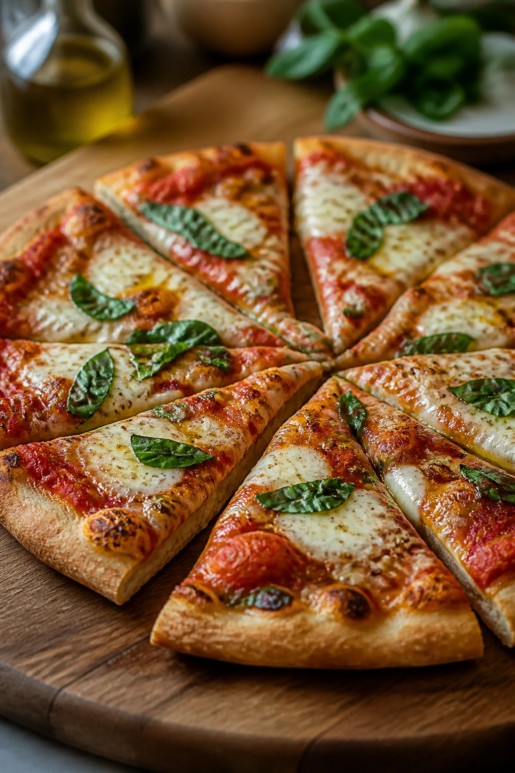 Pizza on cutting board with basil garnish ready to serve