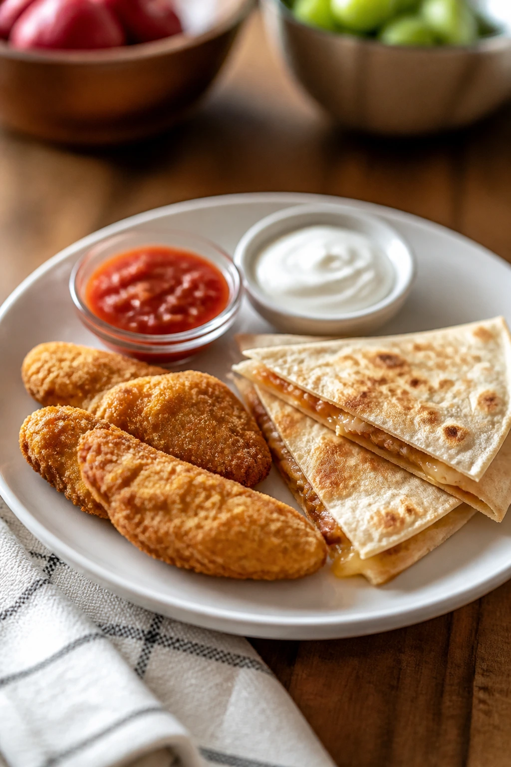 Kid-friendly plate with quesadilla wedge and chicken tenders on a warm table