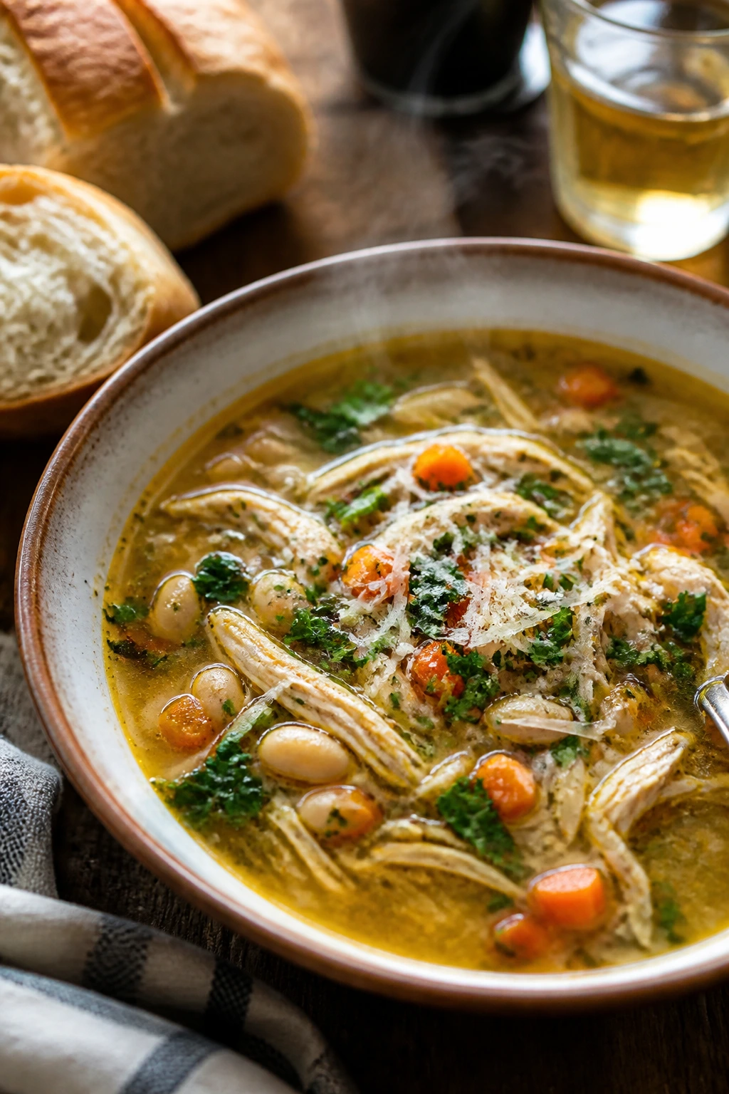Garnished soup bowl ready to serve on a rustic table