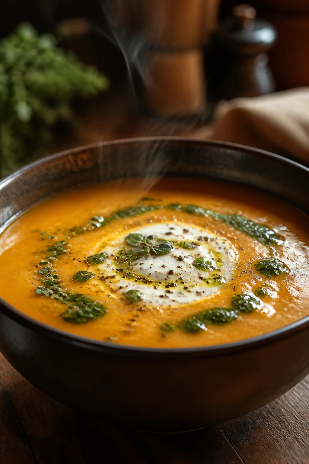 Steaming bowl of soup with herb oil and cream topping on wooden table