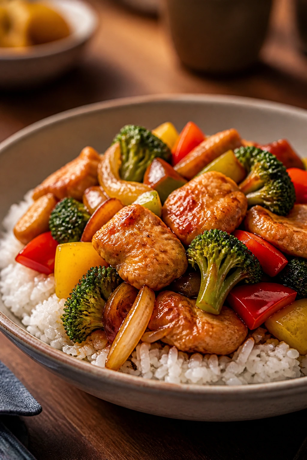 Stir-fry served over rice in a shallow bowl