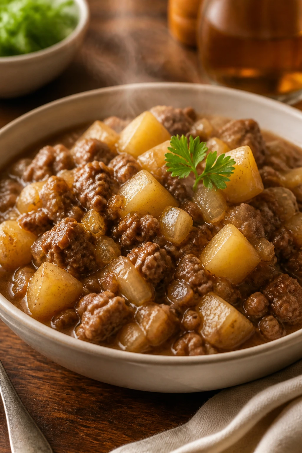 Served hearty ground beef dinner in a bowl with gravy and potatoes