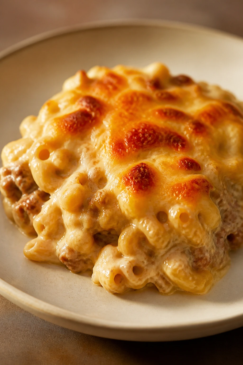 Served portion of creamy casserole plated simply on a clean plate