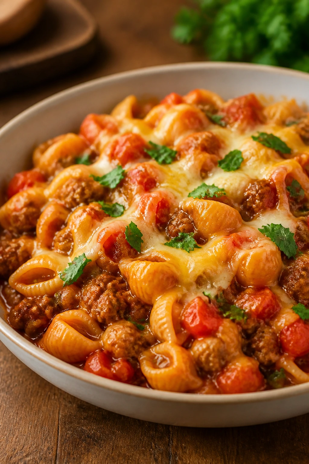 Plated saucy dinner ready to serve in a shallow bowl.