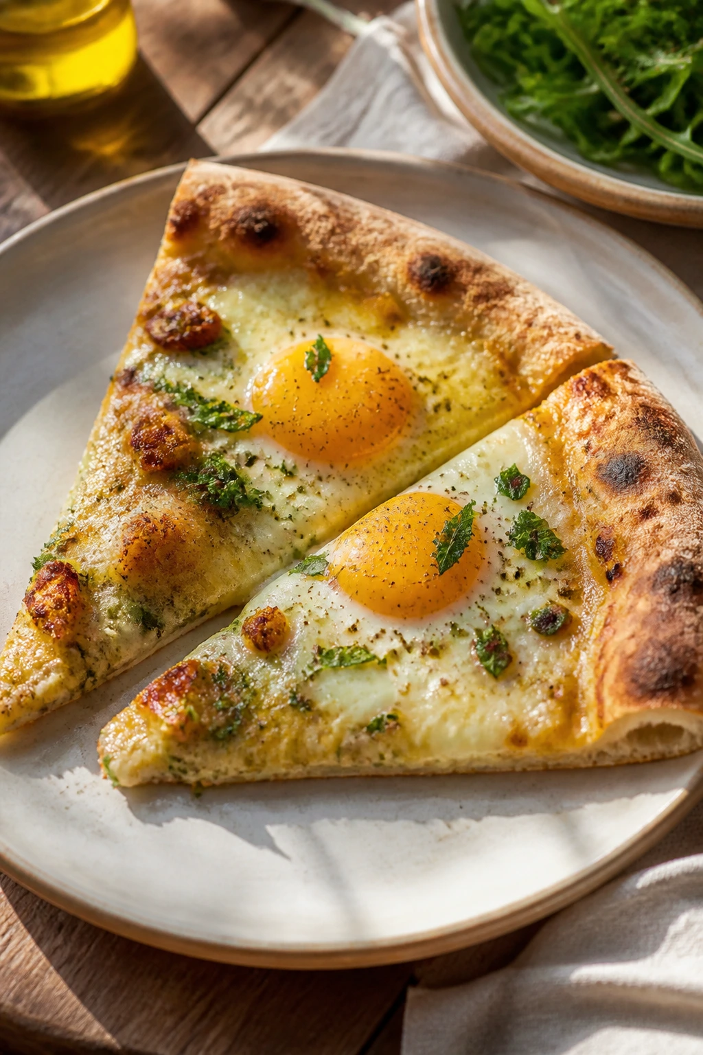 Finished egg pizza slices on a warmed plate with subtle Mediterranean table background