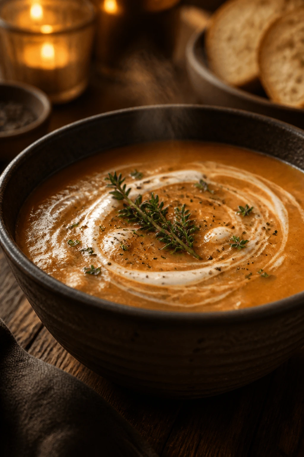 Served soup in a bowl on a table with garnish