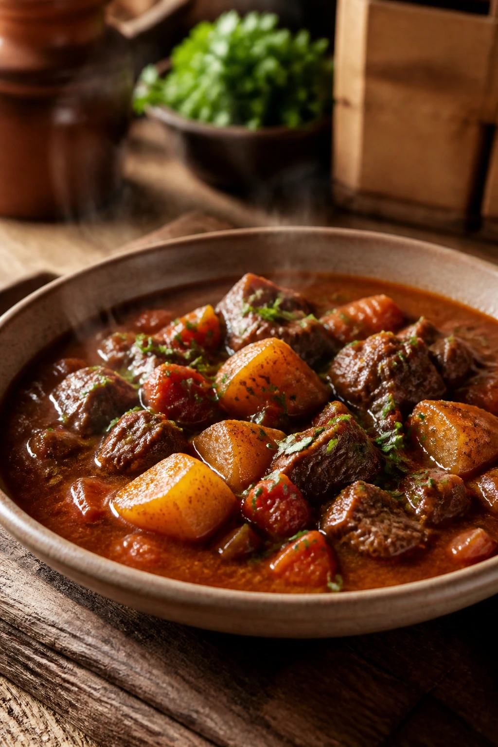 Steaming beef stew in a wide shallow bowl on rustic table
