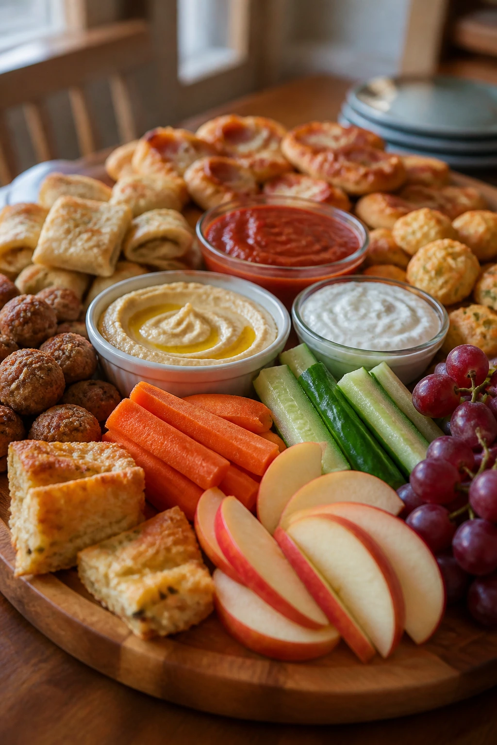 Serving board with snack-dinner items and dips