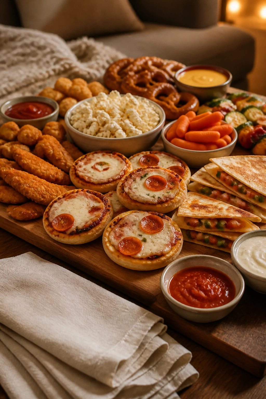 Rustic serving board with movie-night foods, napkins, and dips on a kitchen table
