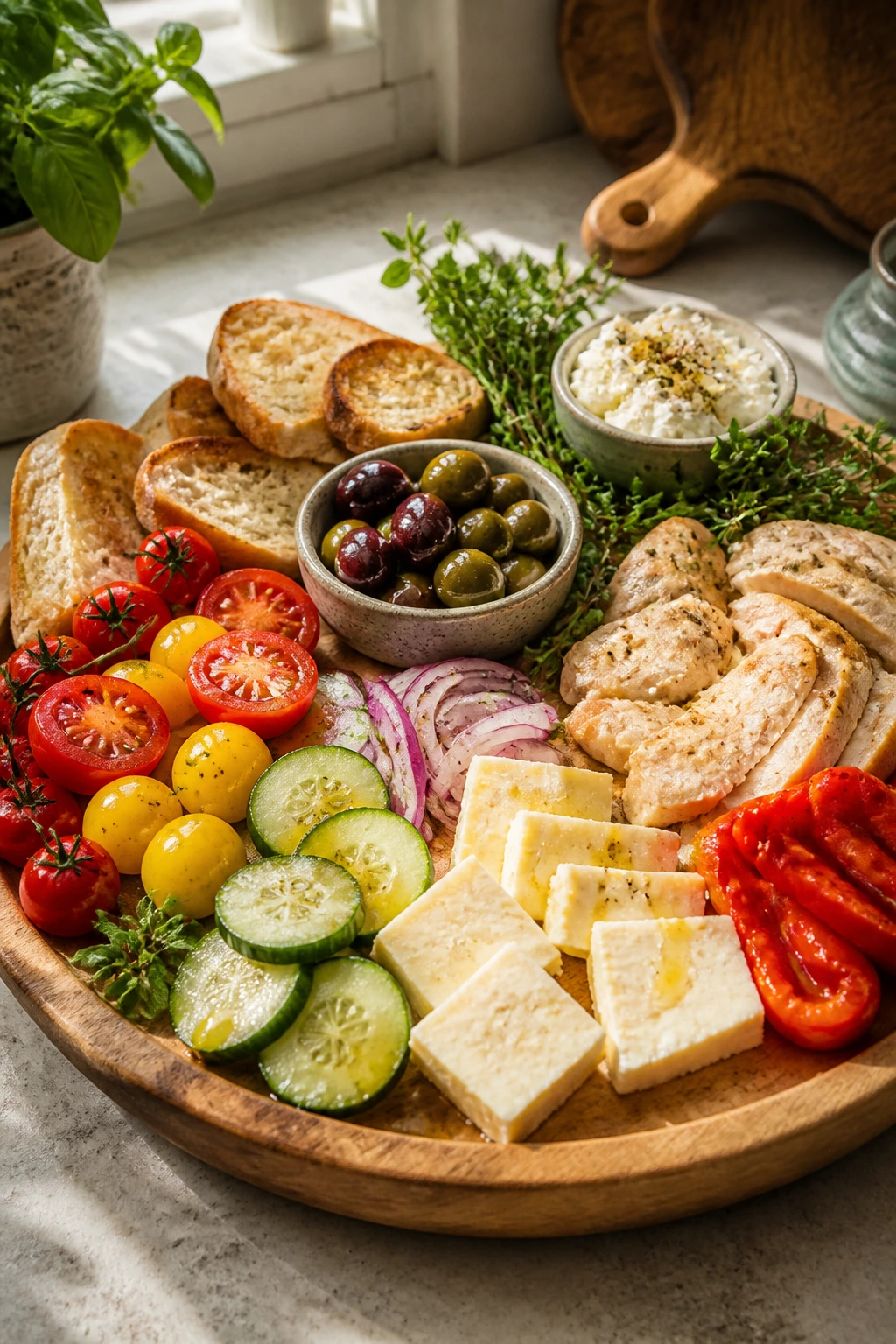 Serving board with olives, cucumber, tomatoes, bread, cheese and herbs on a kitchen counter