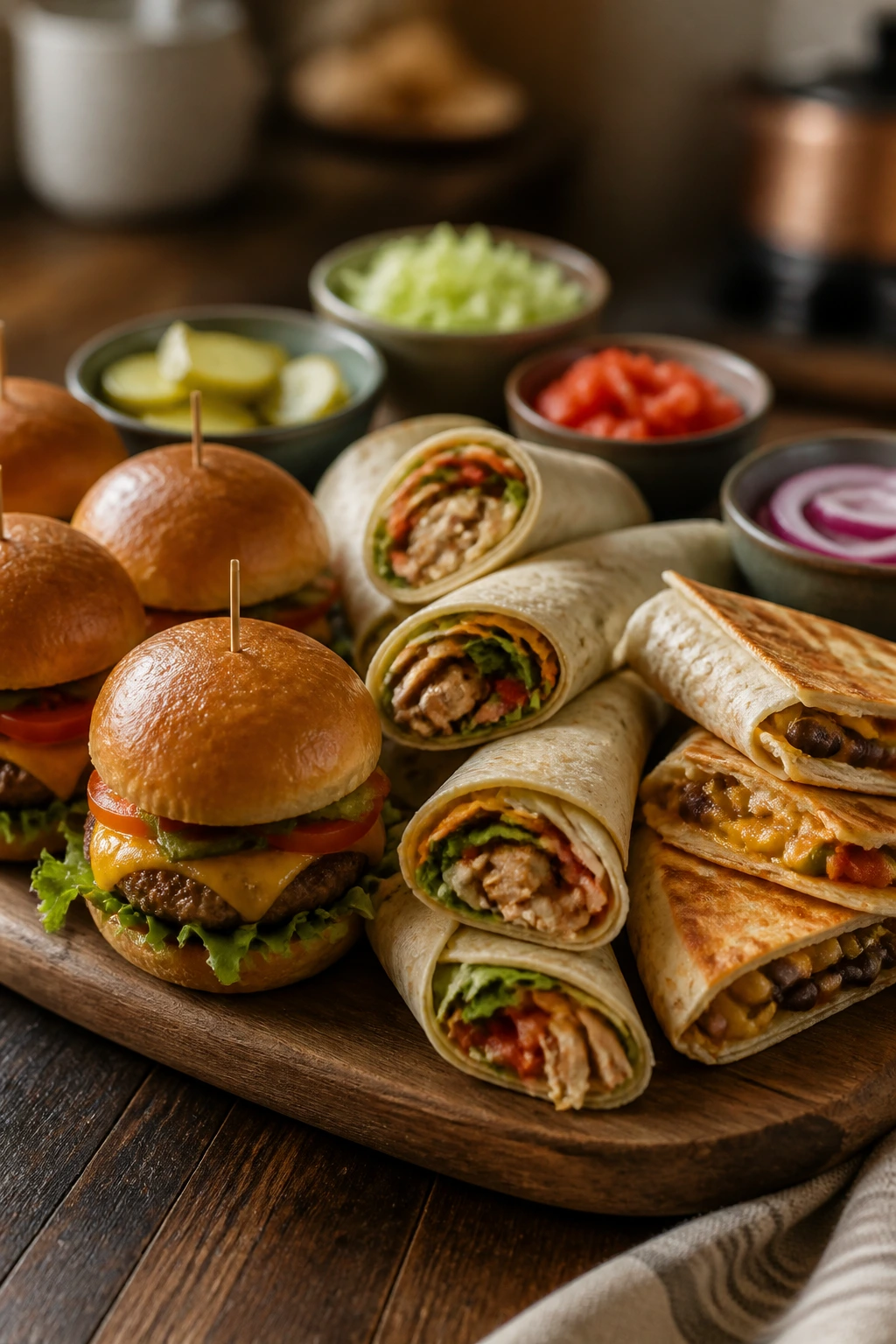 Serving board with sliders and wraps for weeknight meals