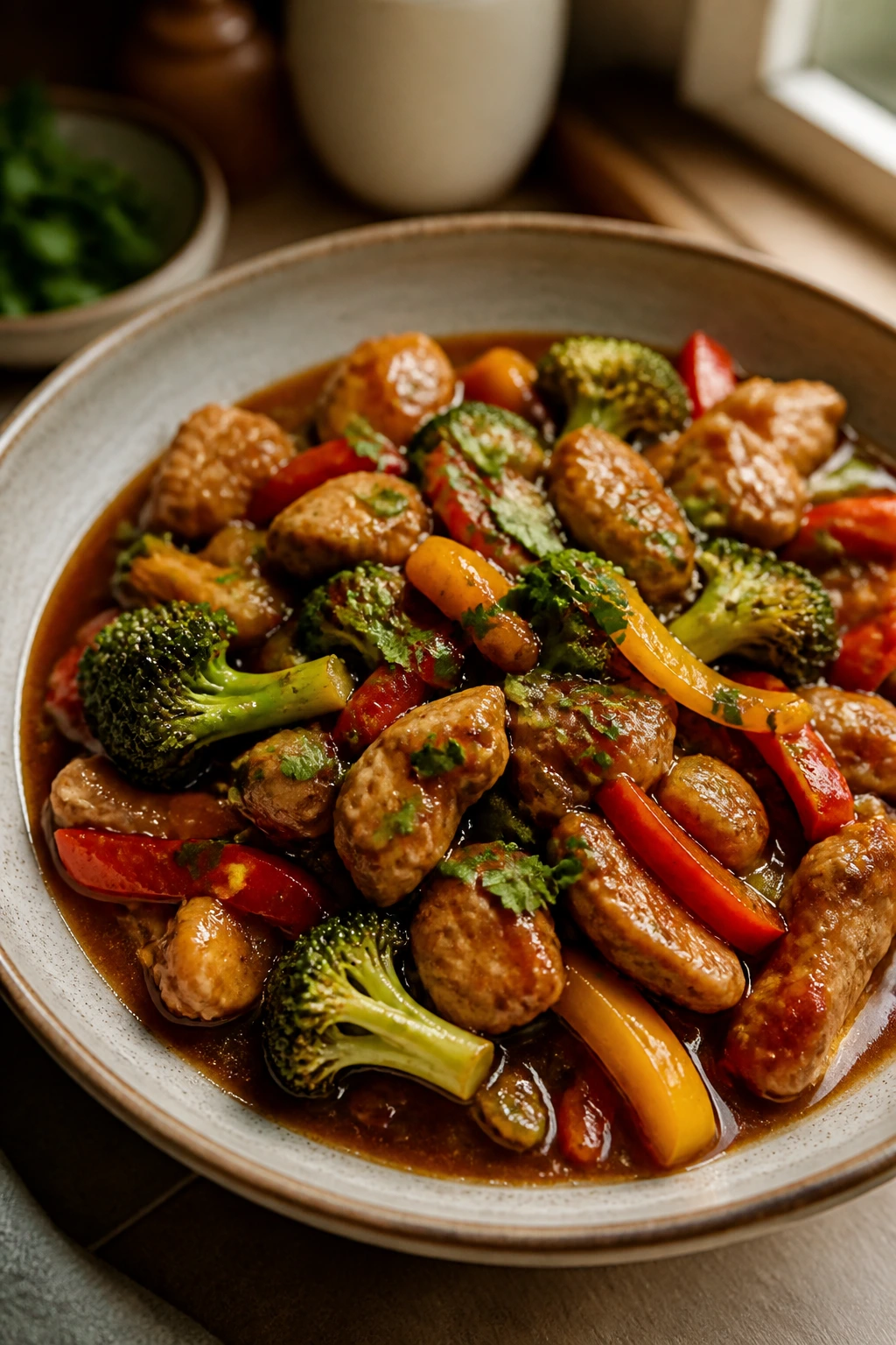Saucy dish in a shallow bowl with garnish