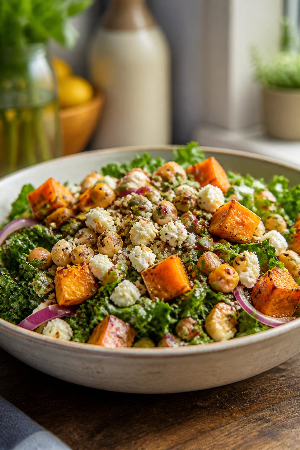 Wide shallow serving bowl with colorful salad dominating the frame