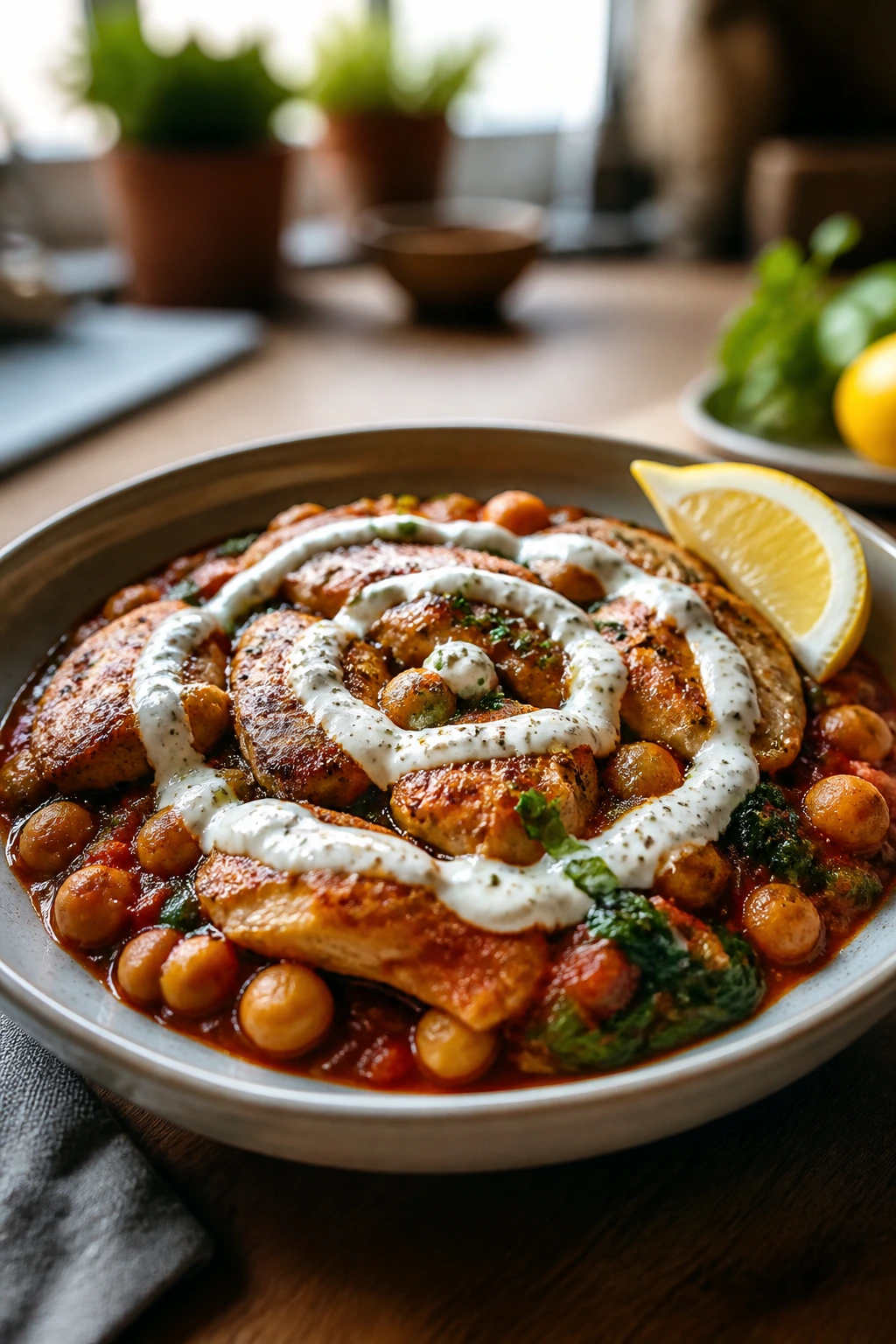 Close-up of a shallow bowl with chicken chickpeas spinach yogurt lemon