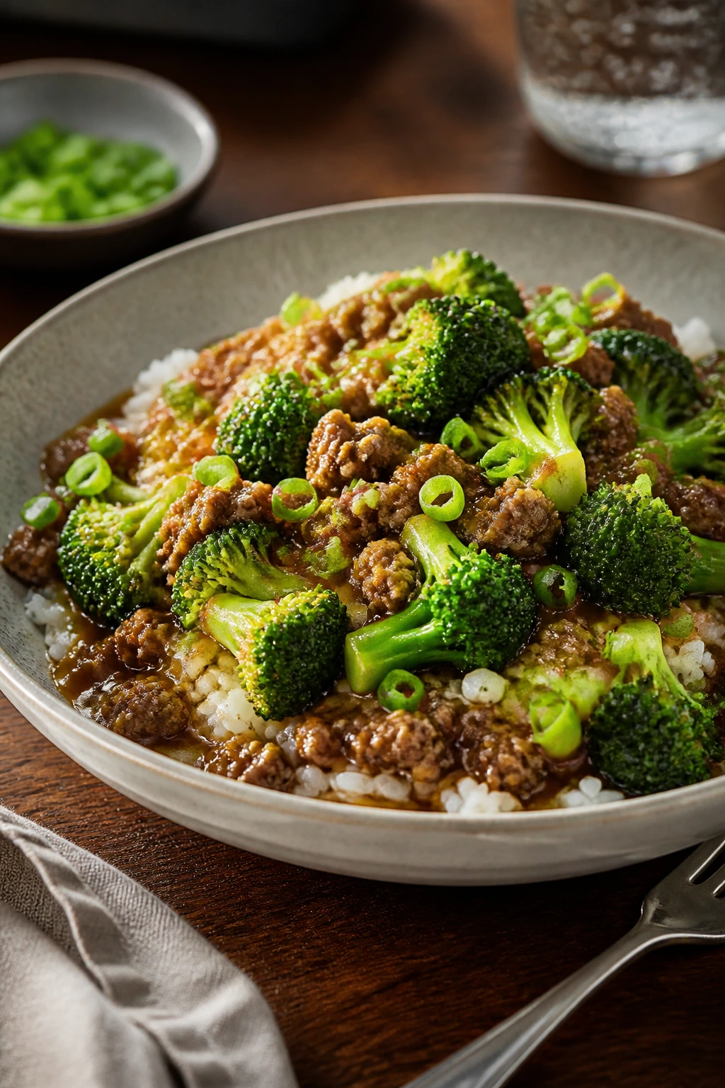 Plated beef broccoli rice with garnish