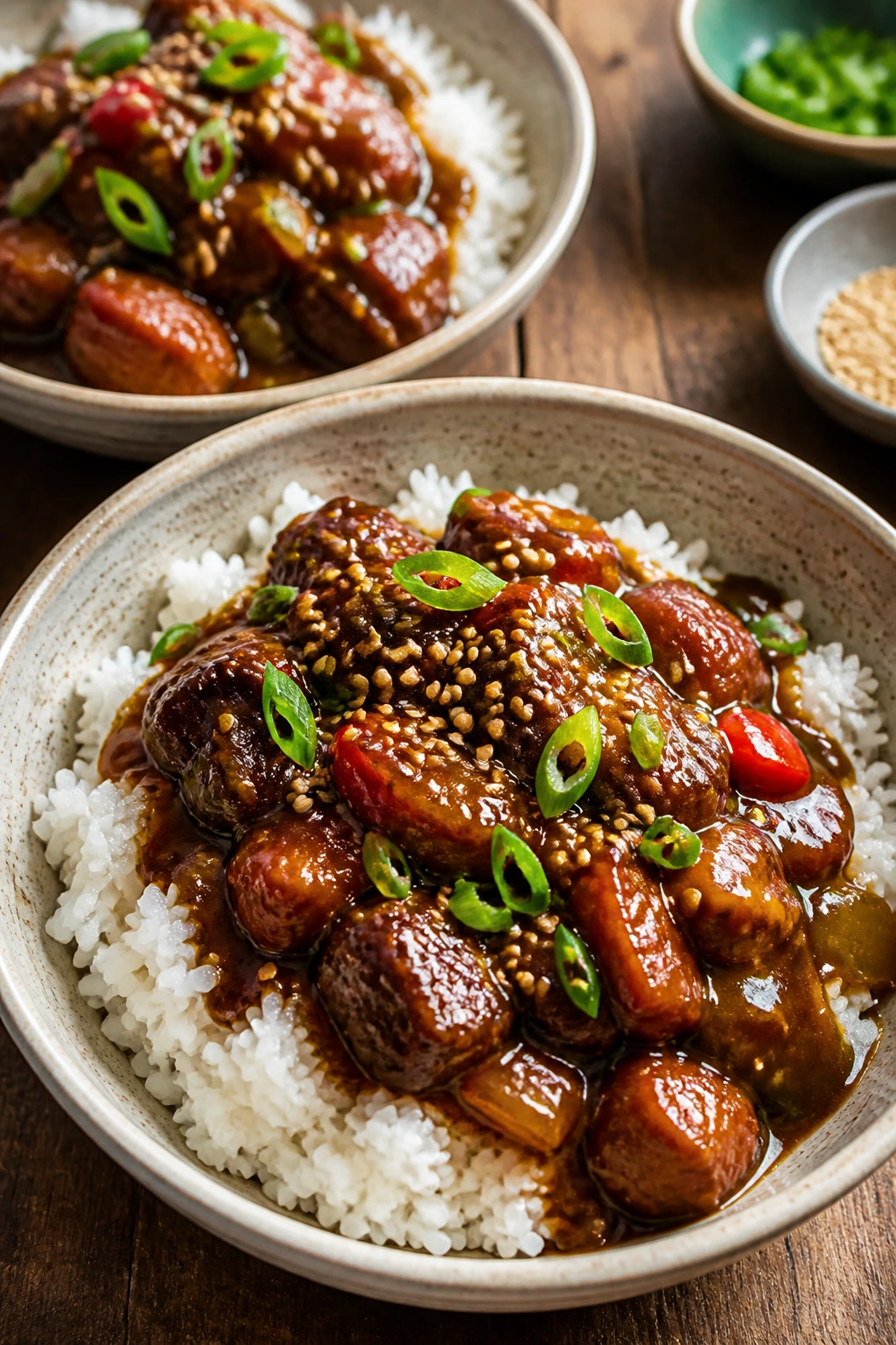 Two shallow bowls with saucy braise and rice on a wooden table