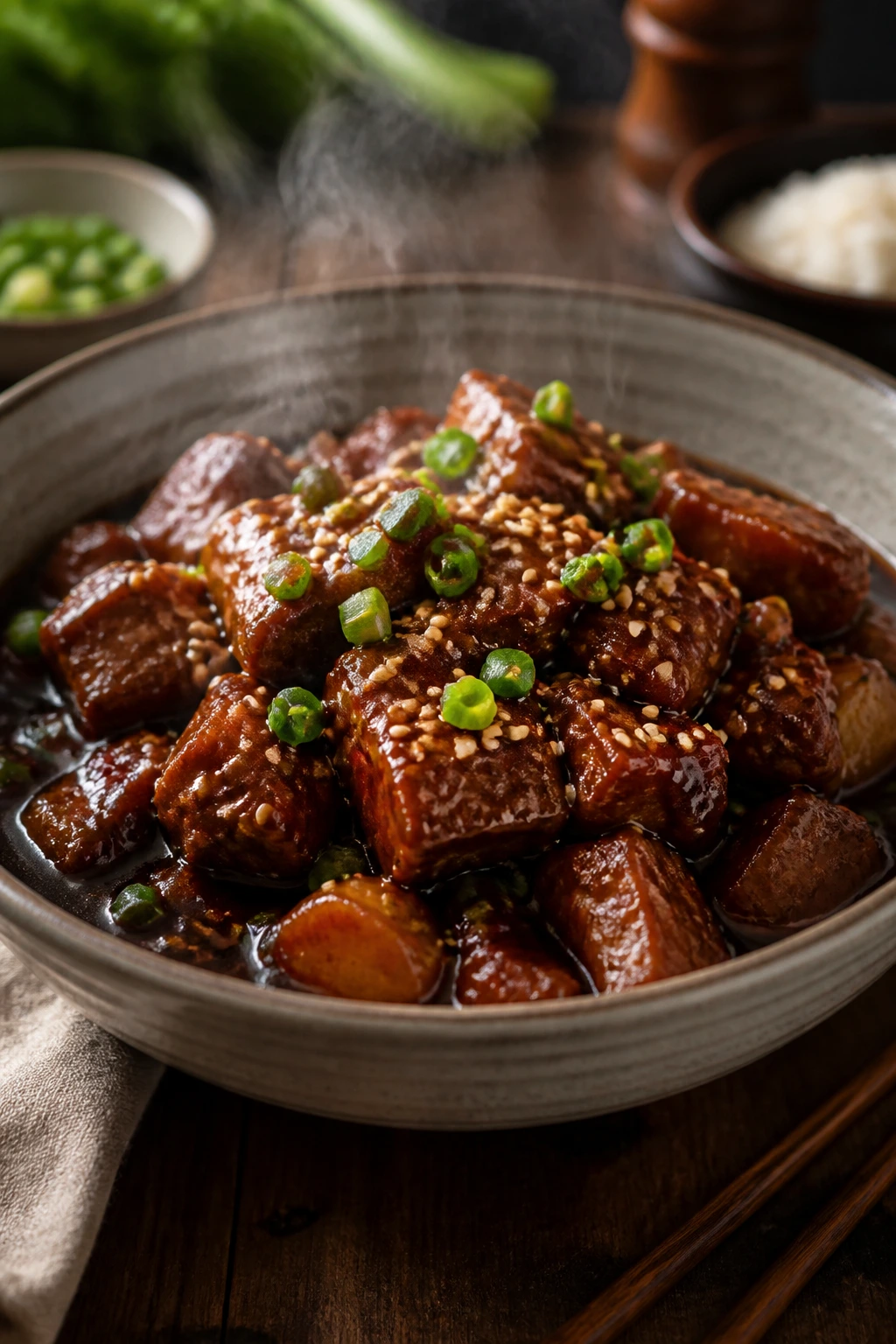 Saucy dish served in a deep bowl with steam and garnish