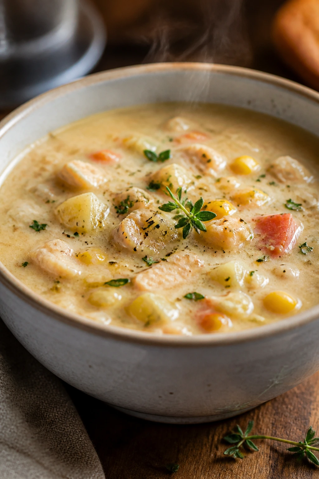 Chowder bowl ready to serve with herb garnish