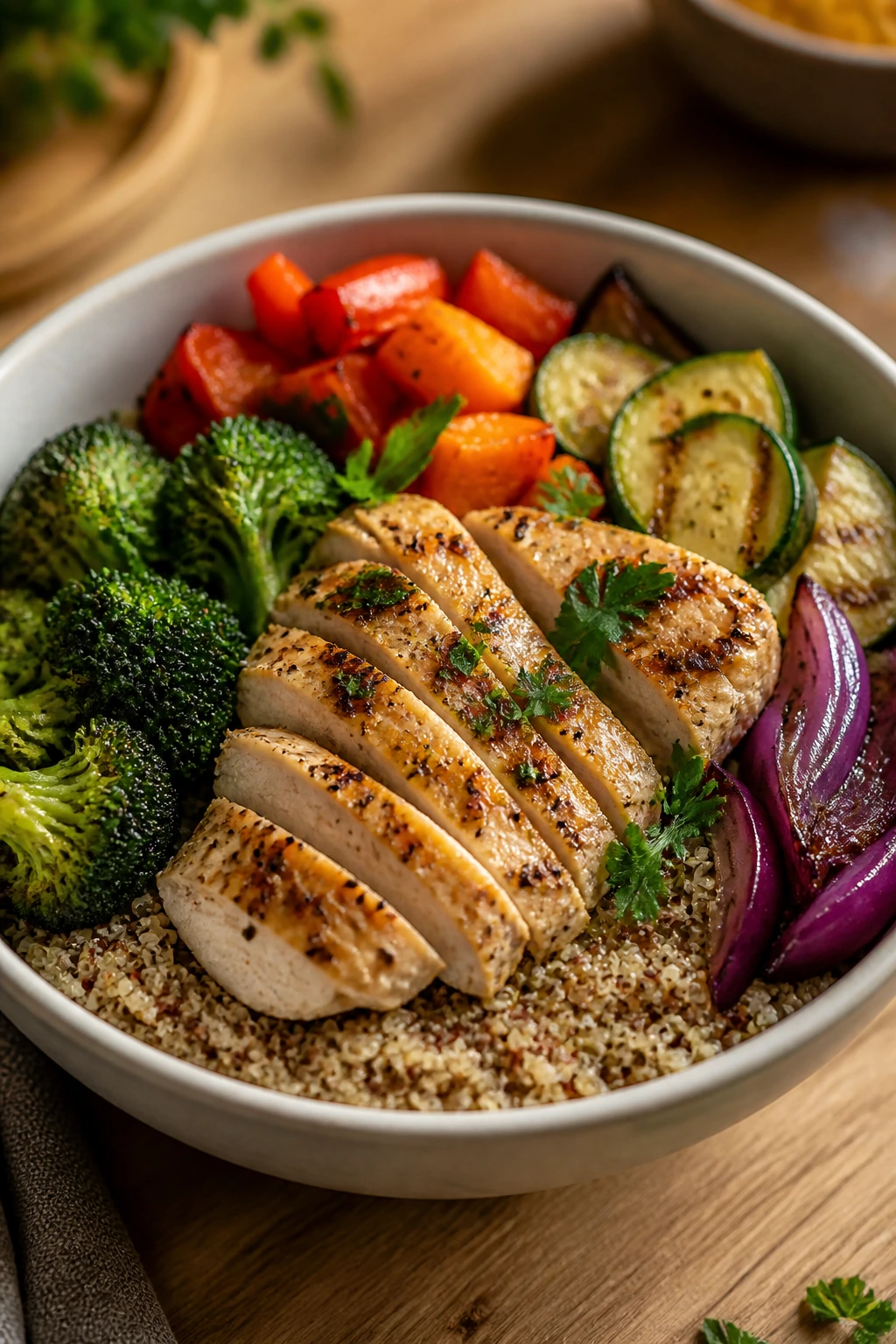 Close-up of a balanced bowl with grain, protein, and vegetables arranged for serving.