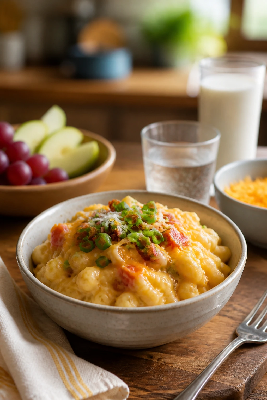 Close-up of a small bowl with kid-friendly one-pot meal and toppings in a cozy kitchen