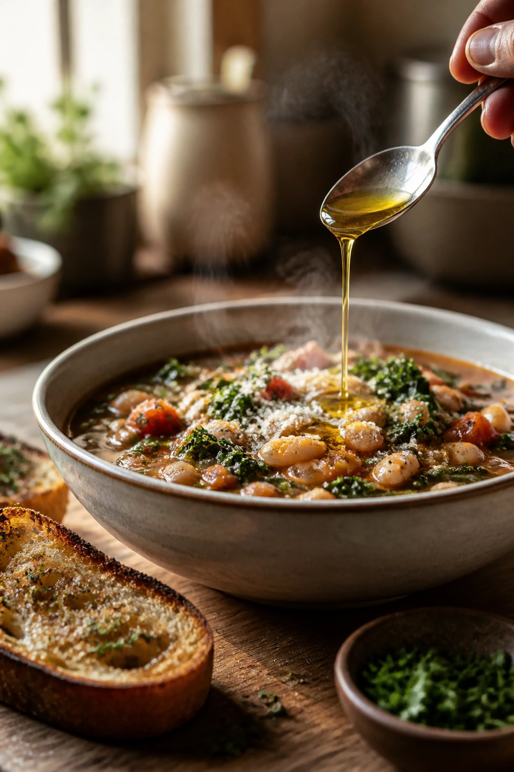 Close-up of a steaming pantry dinner being served in a bowl with finishing olive oil and herbs in a cozy kitchen