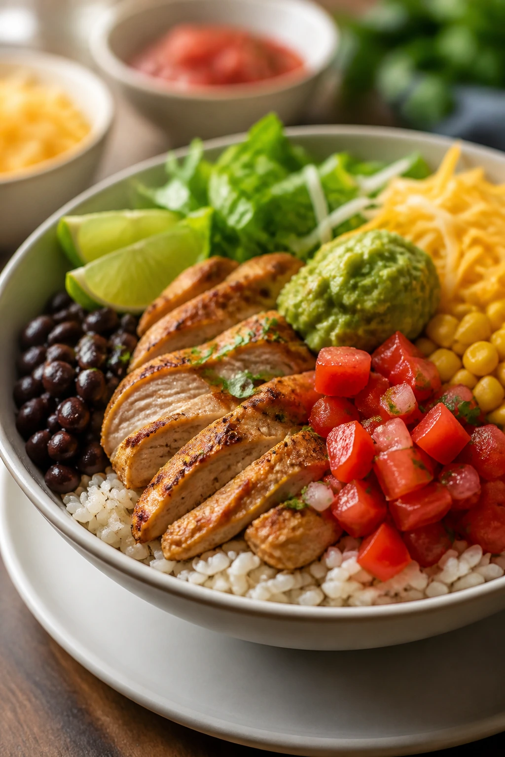 Vibrant taco bowl with colorful toppings plated for serving