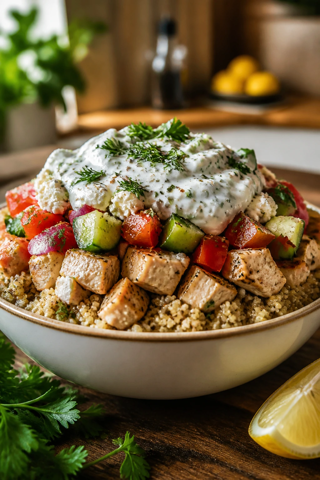 Layered protein-forward bowl ready to serve with garnish