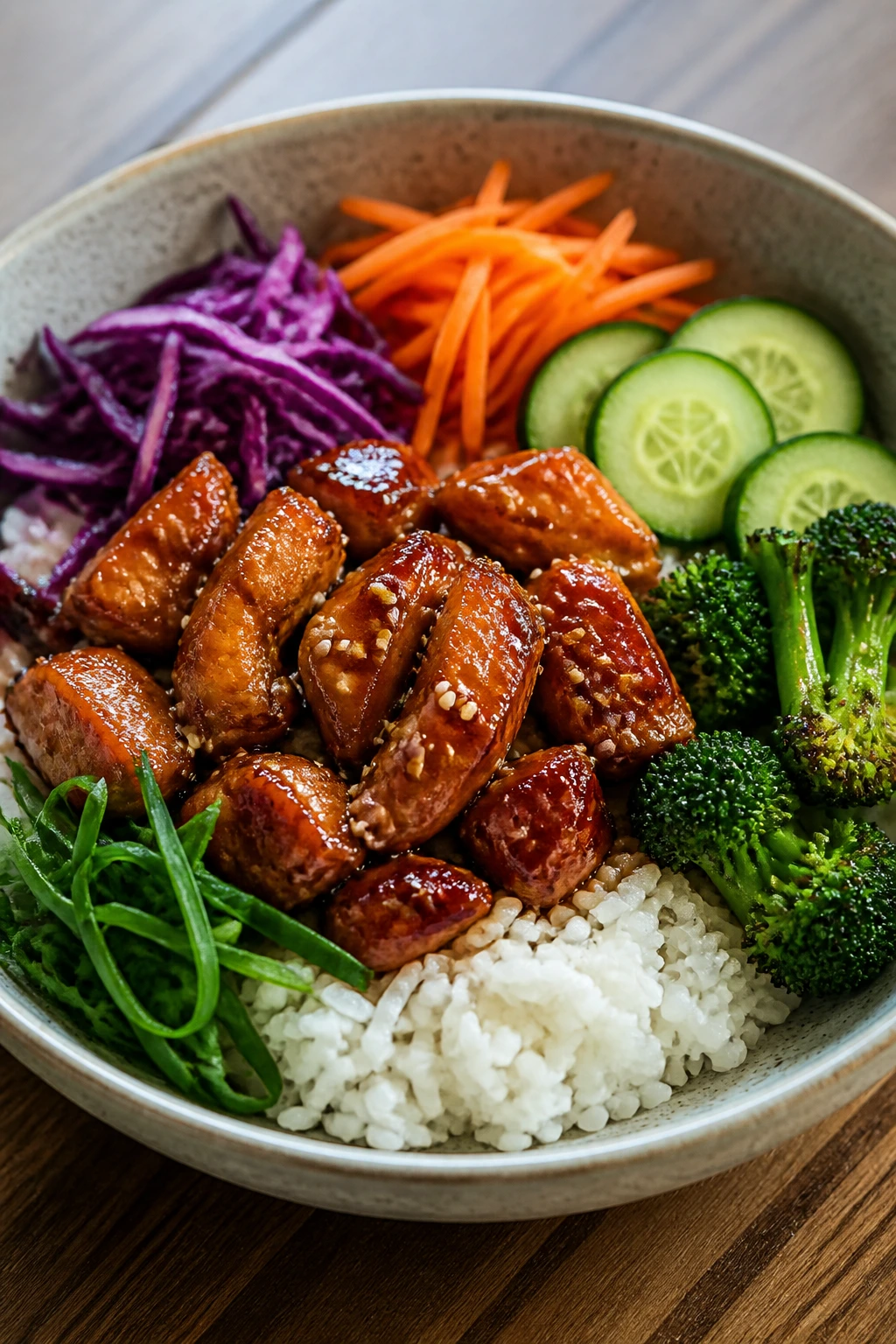 Neatly plated rice bowl with protein and vegetables on a wooden table