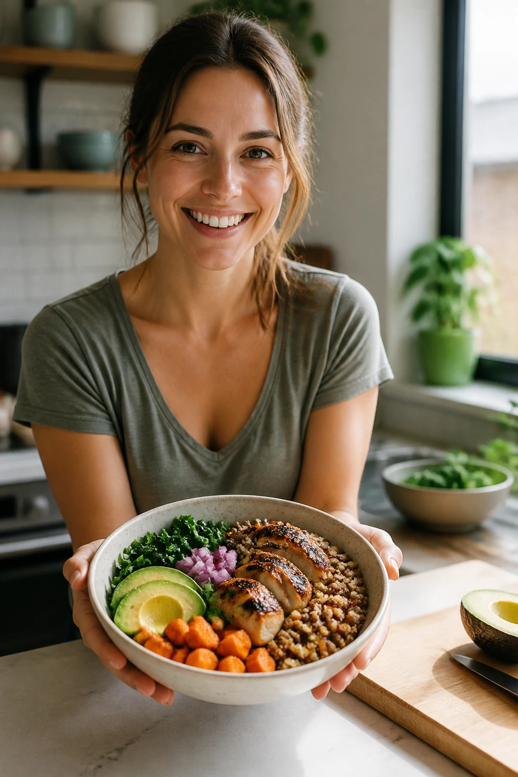 Real person in kitchen presenting a colorful plated bowl, serving tips